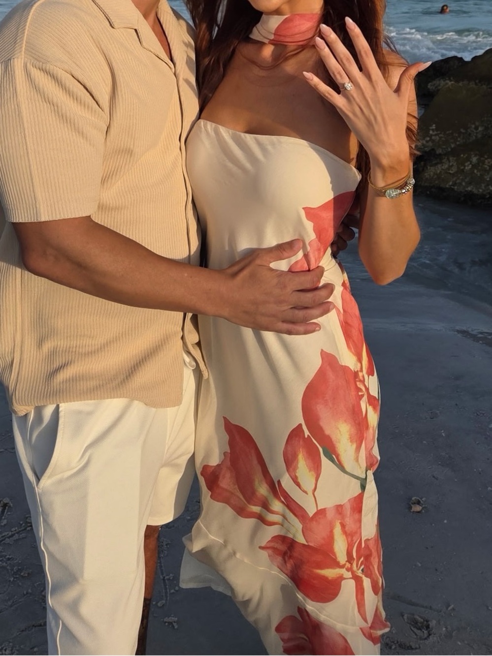 Strapless Cream Maxi Dress with Coral Floral Print - Picture 3 of 3